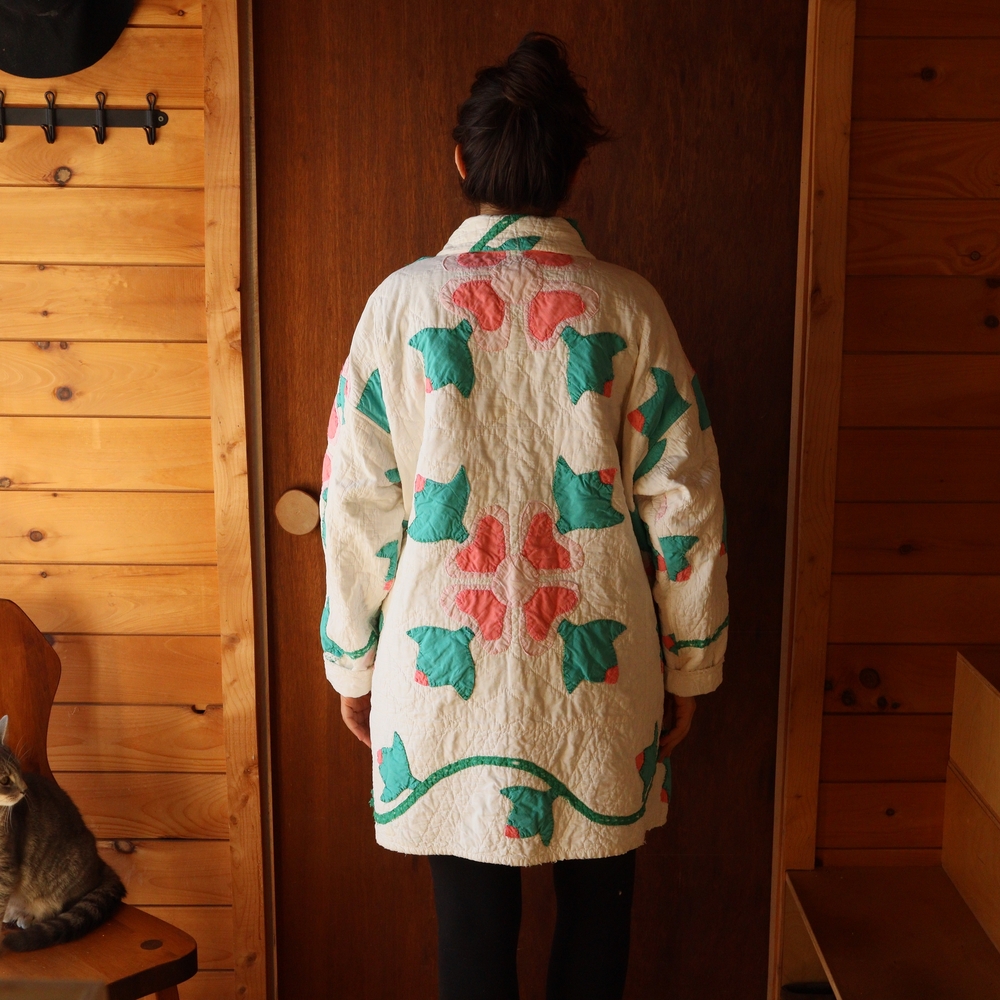 Upcycled Quilt Chore Coat Barn Jacket Appliqué XL • 2XL - Picture 6 of 15